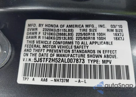 2010 Honda Accord Crosstour Ex-L z USA, uszkodzony, nr VIN 5J6TF2H52AL007873